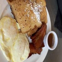 French Toast · no sides. cinnamon brioche, two eggs your way, bacon.