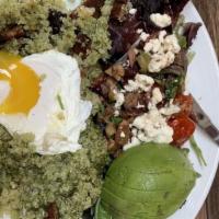 Quinoa Breakfast Bowl · Gluten-free. spinach, tomato, avocado, olive, feta, basil pesto, poached egg. Add chicken fo...