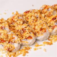 Crunchy  Spicy Salmon Roll · Salmon + Avocado + Cucumber + Crispy Tempura Flakes + Sushi Sauce + Spicy Mayo