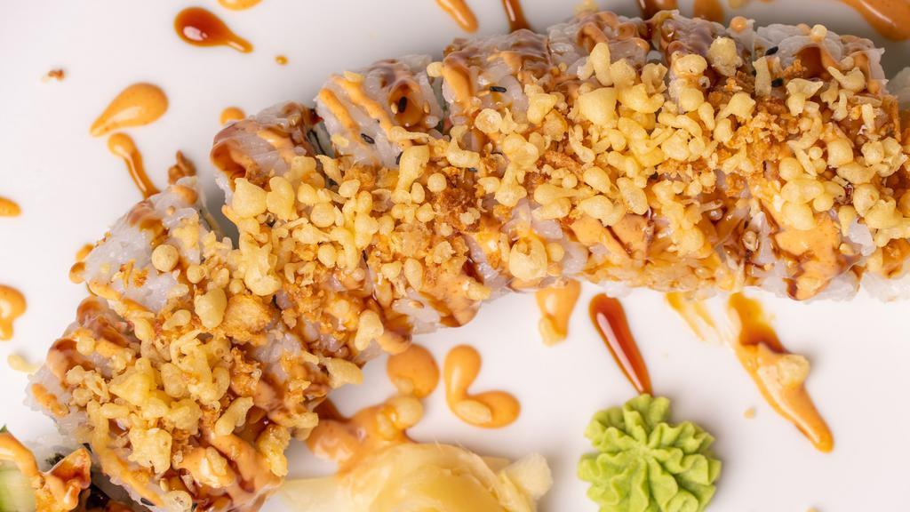 Tempura Shrimp Roll · Tempura Shrimp + Imitation Crab + Avocado + Crispy Tempura Flakes + Sushi Sauce + Spicy Mayo