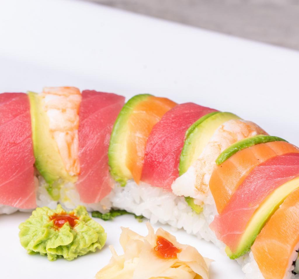 Rainbow Roll · Imitation crab + Avocado + Cucumber + Tuna + Salmon + Shrimp