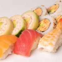 Chef'S Special Roll · Tuna + Salmon + Shrimp + Imitation Crab + Avocado + Cucumber + Fried Onion + Sushi Sauce + S...