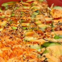 Vegetable Poke Bowl · Rice + Cucumber + Carrot + Lettuce + Avocado + Fried Onion + Yum Yum Sauce + Sushi Sauce + S...