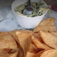 Spinach Artichoke Dip · Served warm with tortilla chips.