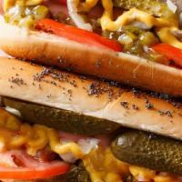 Chicago-Style Dogs · 2 Vienna beef hot dogs, topped with sport peppers, pickle spears, sliced tomato, mustard, ce...