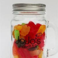 Candy Mason Jar · Assorted gummy candy in a JoJo's souvenir mason jar