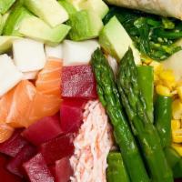 Rainbow Bowl · Tuna, Salmon, Escolar, Crab Salad, Avocado, Corn, Asparagus, Seaweed salad, Spring roll on S...