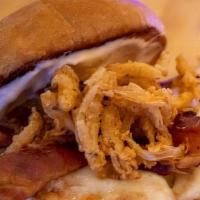 Chipotle Chicken · Grilled Chicken, Smoked Bacon, Swiss, Onion Straws & Chipotle Aioli. Served On A Grilled Pub...