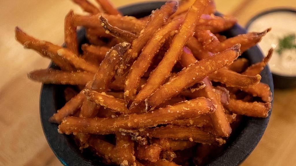 Side Of Sweet Potato Fries · Served With Garlic Aioli.