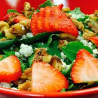 Candied Walnut & Strawberry Salad · Candied walnuts and fresh sliced strawberries, tossed with mixed greens and blue cheese crum...
