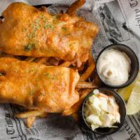 Fish & Chips · An English classic! Atlantic Cod, hand dipped to order in our signature batter and fried unt...