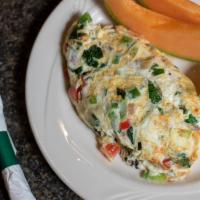 Dynamite Veggie White · Servers' favorite! Egg whites with spinach, mushrooms, red and green peppers topped with sal...