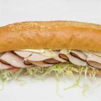 Turkey Breast · Lean, Brown Skin Turkey, Topped with Lettuce, Tomatoes, Onions, Swiss American Cheese, Mayo ...