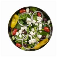 Greek Salad · Hearts of romaine, baby spinach, red onions, Kalamata olives, feta cheese, grape tomatoes, c...