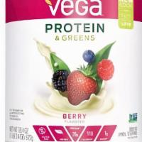 Vega Protein & Greens · 18 servings berry flavored vegan protein.