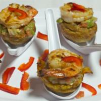 Grilled Shrimp/Avocado/Plantains · Fried Green Plantains (5) topped with pico de Gallo, avocado, and grilled shrimp