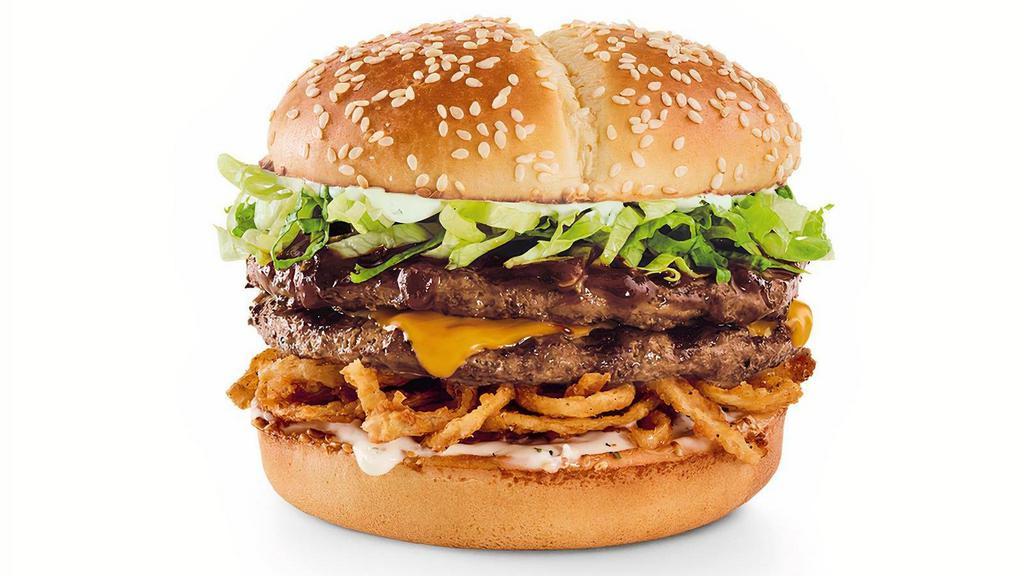 Cowboy Ranch Tavern Double™ · Ranch, Whiskey River® BBQ Sauce, crispy onion straws, American cheese and lettuce.