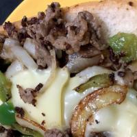 Philly Steak Sandwich · Steak, onion, green peppers, Swiss cheese on a hoagie bun