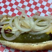 Polish · Grilled onion, Sport peppers, Pickle spears and Mustard
