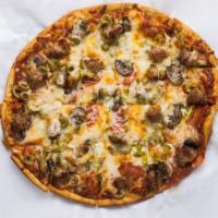 Supreme Pizza · pepperoni, sausage, onion, green peppers, mushroom, green olives.