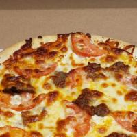 Gyro Pizza · tzatziki sauce base, gyro, onion, tomato, feta cheese.