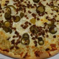 Mexican Chorizo Pizza · Mexican chorizo, Green mexican sauce, Onion, Cilantro, Jalapenos