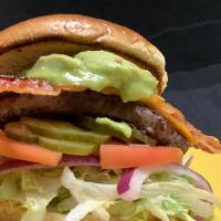 Bacon Avocado Burger · Double Decker Burger, Lettuce, Onion, Tomato, Pickle, Ketchup, Mayo, American Cheese, Bacon ...