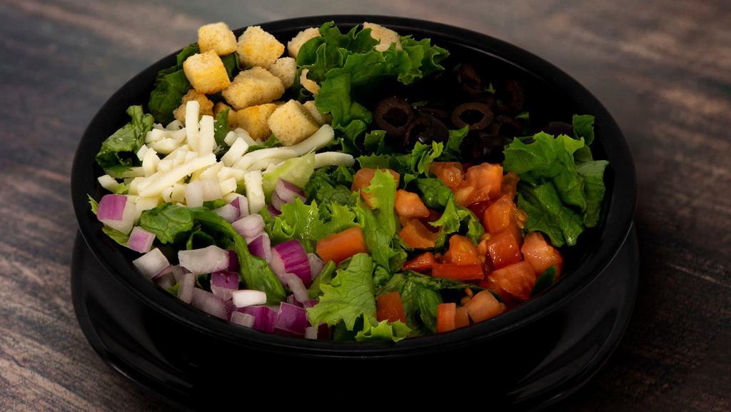 House Salad · Romaine lettuce, tomato, red onions, shredded mozzarella, black olives, and croutons.