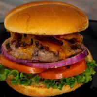 Bacon Cheddar Burger · Half pound of angus beef, cheddar cheese, bacon, lettuce, tomato, and grilled red onion on a...
