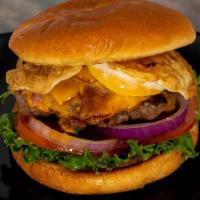 Bacon Egg Burger · One half pound of angus beef, bacon, egg, cheddar cheese, lettuce, tomato, and grilled red o...