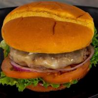 Angus Muenster Burger · Half pound of angus beef, muenster cheese, lettuce, tomato, mayo, and grilled red onion on a...