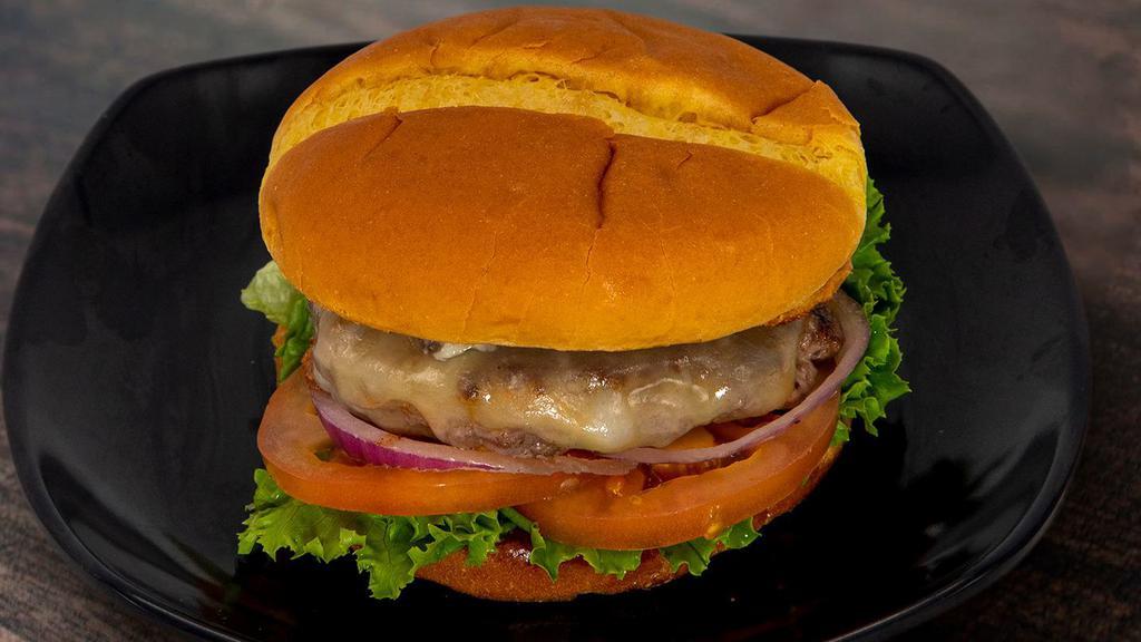 Angus Muenster Burger · Half pound of angus beef, muenster cheese, lettuce, tomato, mayo, and grilled red onion on a bun.