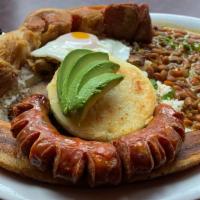 Bandeja Paisa · Grill grill top round steak with rice, beans, fred ege, colombian sausage, corn cake, crackl...