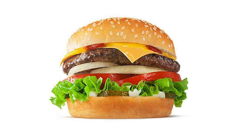 King Classic · Single burger with sautéed onions and garlic, lettuce, tomato, provolone cheese and a small fry!