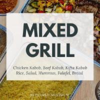 Mixed Grill Option | 10 People Minimum · Falafel - Pita Bread - Basmati Rice - Greek Salad - Hummus - Chicken Kabob​, Beef Kabob, Kif...