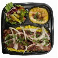 Kifta Plate · Ground sirloin beef & lamb with parsley & onion served with rice, salad, hummus and pita bread