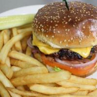 Cheeseburger (1/2 Lb) · Beef patty with lettuce, tomato, onion, choice of cheese.