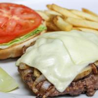Swiss Mushroom Burger (1/2 Lb) · Beef patty with grilled onions.