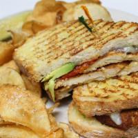 Blackened Chicken Panini · Pepper jack cheese, roasted red pepper, avocado and chipotle mayo.