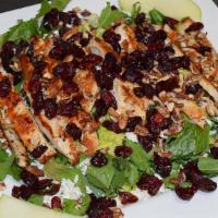 Maple Salad · Fresh grilled chicken breast, crisp chopped greens, pecans and Feta cheese topped with dried...