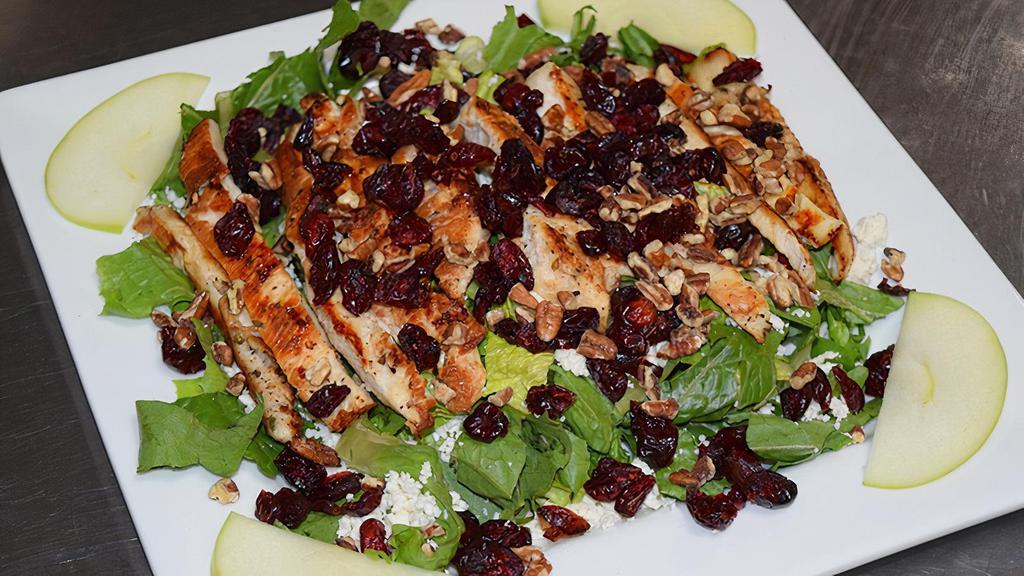 Maple Salad · Fresh grilled chicken breast, crisp chopped greens, pecans and Feta cheese topped with dried cranberries and served with balsamic vinaigrette.