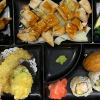 Lunch Box · Tempura, Chicken Teriyaki, and 1/2 California Maki (Roll).