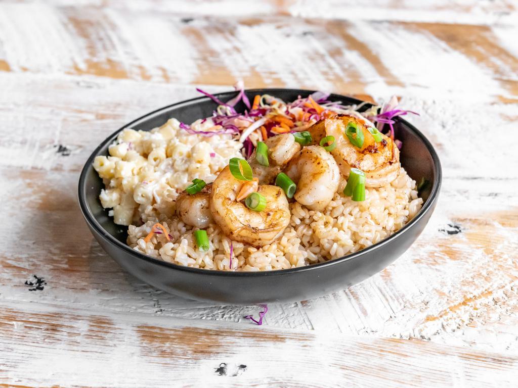 Hawaiian Garlic Shrimp · Shrimp sauteed in garlic butter, topped with green onion. Served with Hawaiian mac salad, cabbage slaw & your choice of base.
