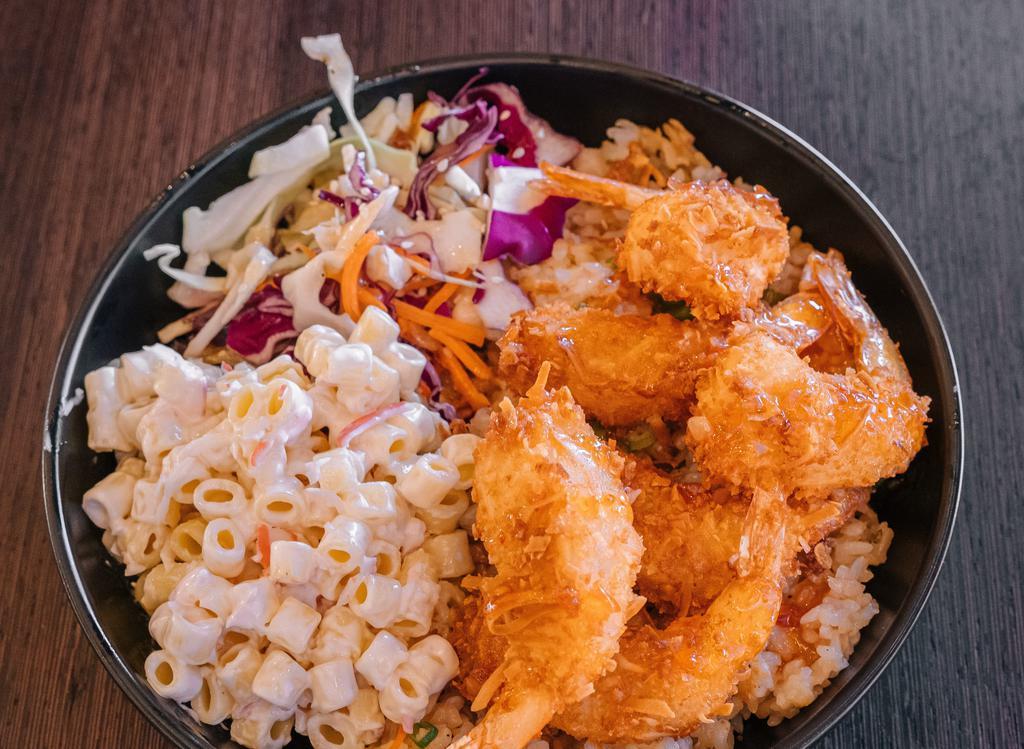 Coconut Crusted Shrimp · Coconut crusted shrimp drizzled with sweet chili sauce. Served with Hawaiian mac salad, cabbage slaw & your choice of base.