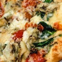 Flatbread Pizza · Vegetarian. Naan flatbread, artichoke, tomato, parmesan cheese, spinach, feta. Grilled chick...