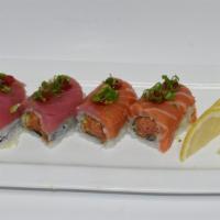 Double Heaven · Spicy crunch tuna and spicy crunch salmon topped with salmon, tuna sriracha and scallion.

T...