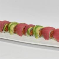 Red Sun · Spicy salmon, crunch, cucumber topped with tuna, avocado.

This item contains raw fish. Thor...