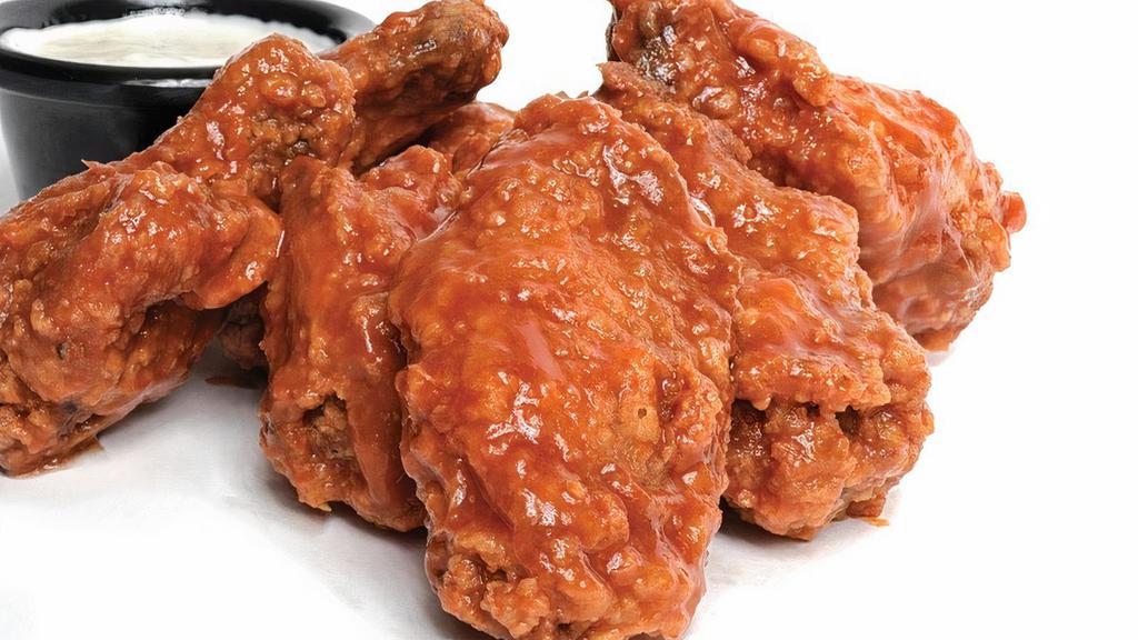 Wings · Crispy breaded and baked chicken wings.  Served with mild, hot or bbq sauce.