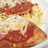 Oven-Baked Chicken Parmesan · Grilled chicken breast rolled in seasoned breadcrumbs and baked with mozzarella cheese.  Ser...