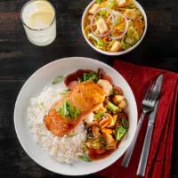 Sesame Ginger Glazed Salmon · with stir-fried vegetables, scallion, and steamed rice served with a cup of soup or small ho...